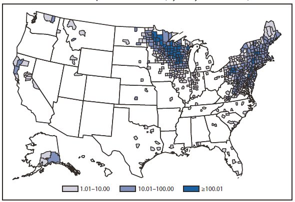 LYME DISEASE - This figure is a map of the United States that presents the incidence per 100,000 population of lyme disease cases in each county in 2010.